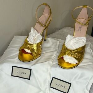 Gucci Metallic Gold Heels | Knot Front Ankle Strap Stiletto